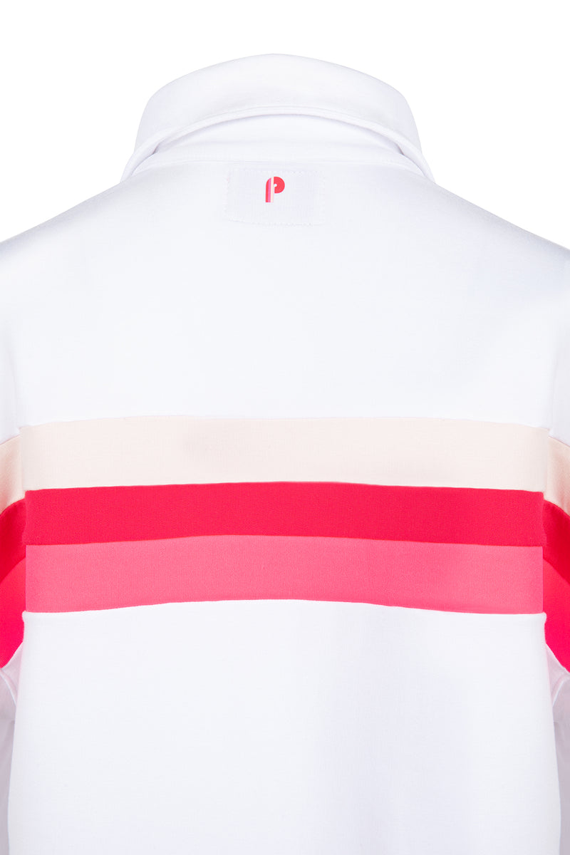 Load image into Gallery viewer, Back of white Murray womens golf long sleeve collared shirt with pink accents. 
