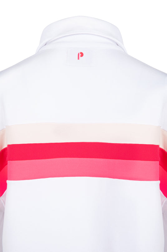 Back of white Murray womens golf long sleeve collared shirt with pink accents. 