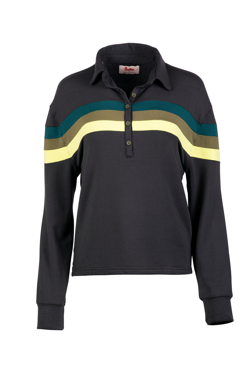 Load image into Gallery viewer, Black Murray womens golf long sleeve collared shirt with blue and green accents. 
