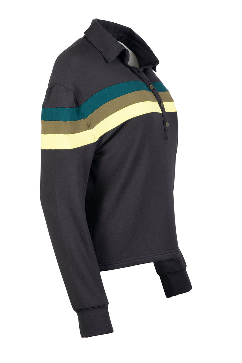 Load image into Gallery viewer, Black Murray womens golf long sleeve shirt with teal and olive accents collared shirt
