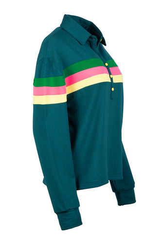 Teal Murray women's golf long sleeve shirt collared shirt with yellow and green accents