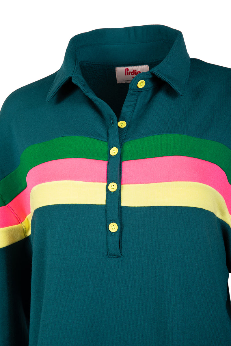 Load image into Gallery viewer, Teal Murray Collared womens golf long sleeve shirt with green, pink, and yellow accents. 
