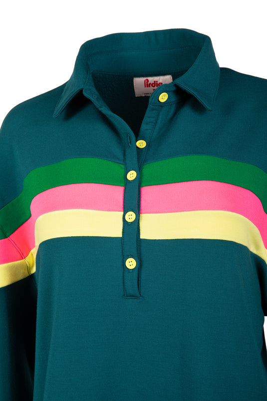 Teal Murray Collared womens golf long sleeve shirt with green, pink, and yellow accents. 