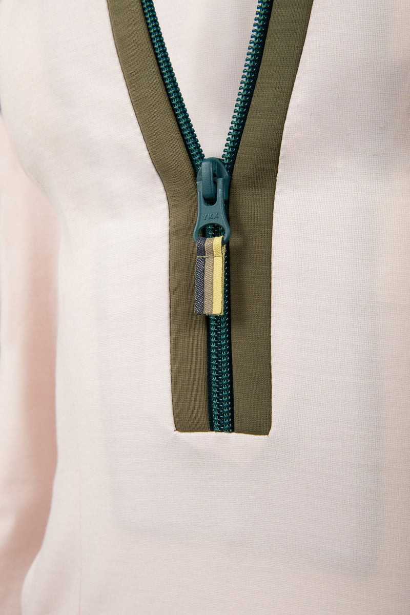 Load image into Gallery viewer, Close up of White Dutchess womens golf long sleeve dress teal zipper

