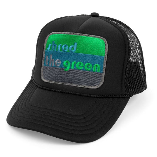 Black shred the green golf trucker hat