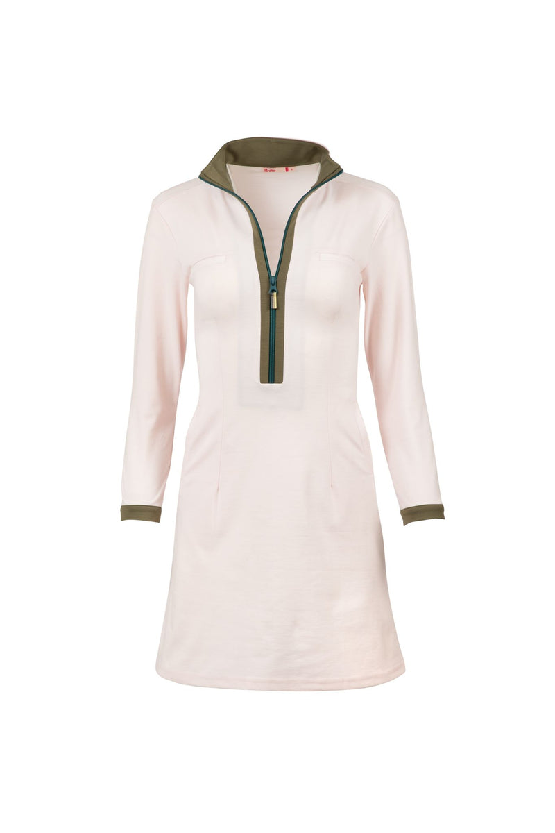 Load image into Gallery viewer, White dutchess womens golf long sleeve dress with teal zipper
