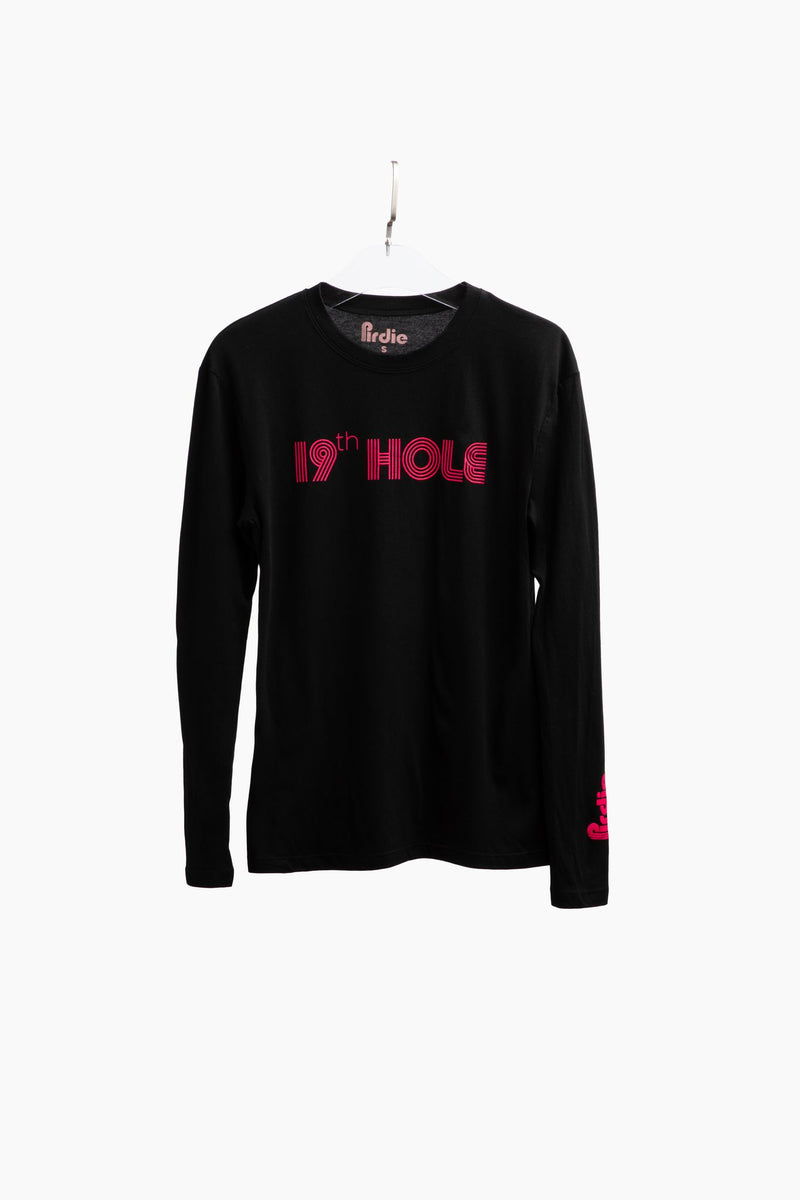 Load image into Gallery viewer, Black 19th hole long sleeve golf t-shirt.
