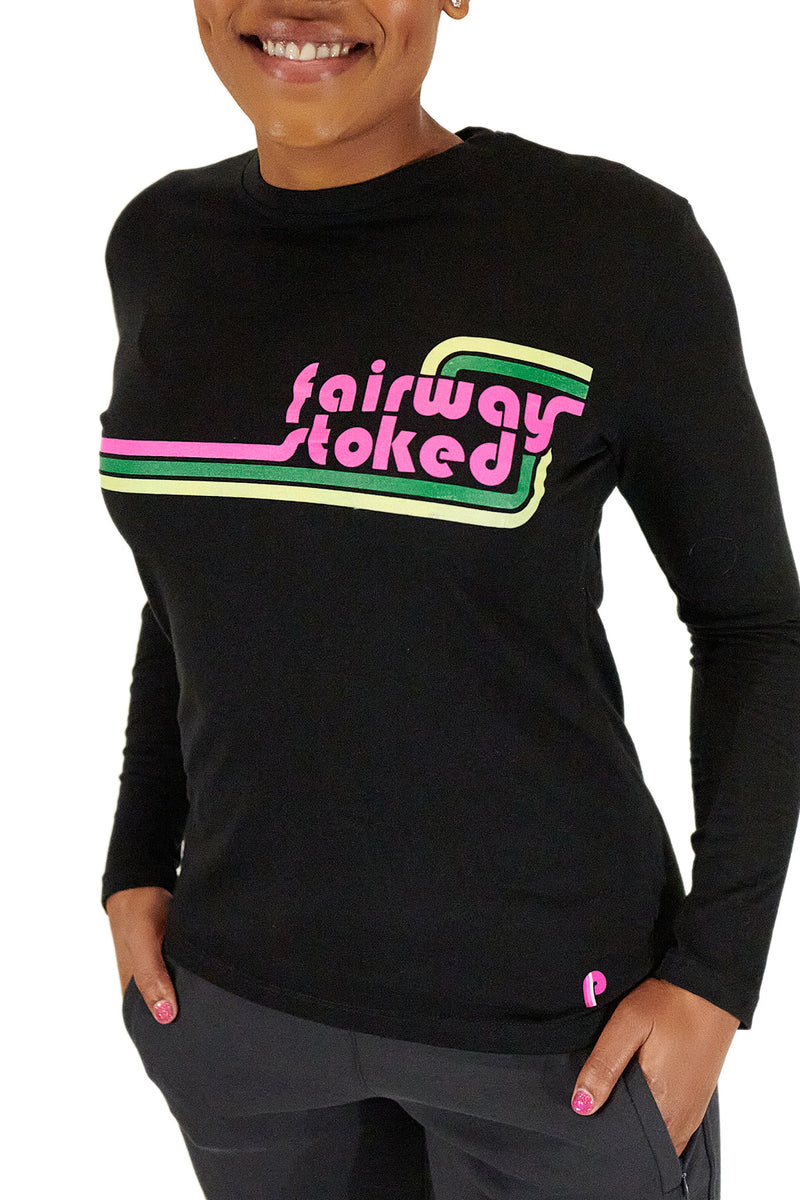 Load image into Gallery viewer, Model wearing a black long sleeve Fairway Stoked golf t-shirt.
