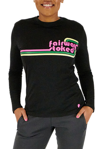 Black Fairway Stoked long sleeve golf t-shirt being worn by a model also wearing grey golf pants on bottom.