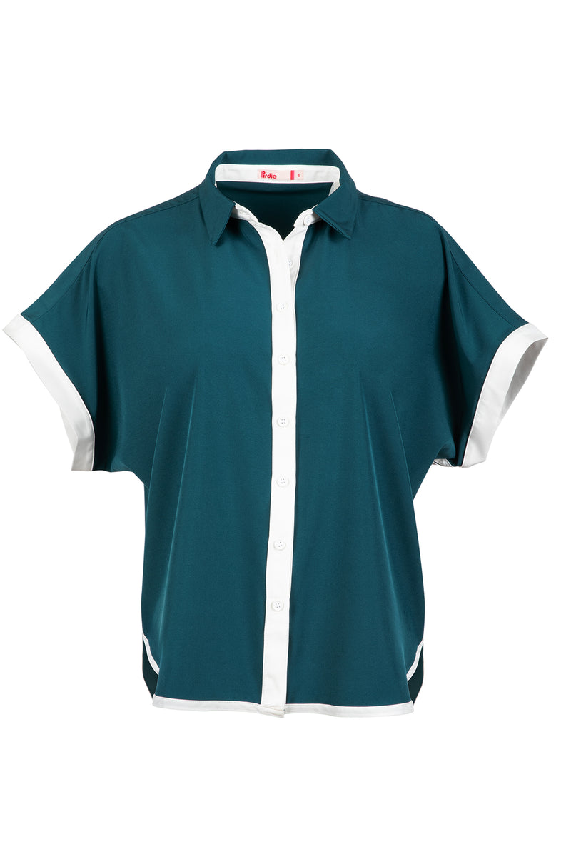 Load image into Gallery viewer, Teal Caddy Camp golf shirt in flat lay studio shot.
