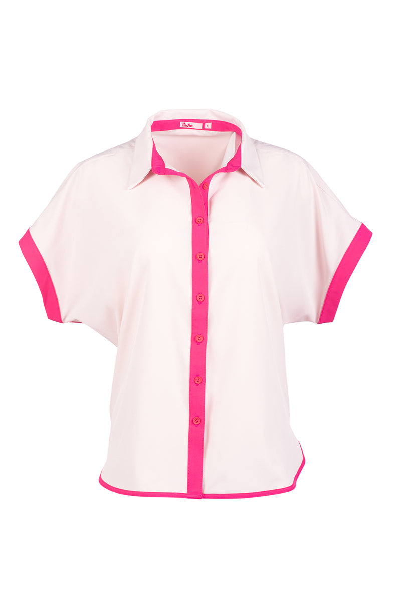 Load image into Gallery viewer, PInk Caddy Camp golf shirt in flat lay studio shot.

