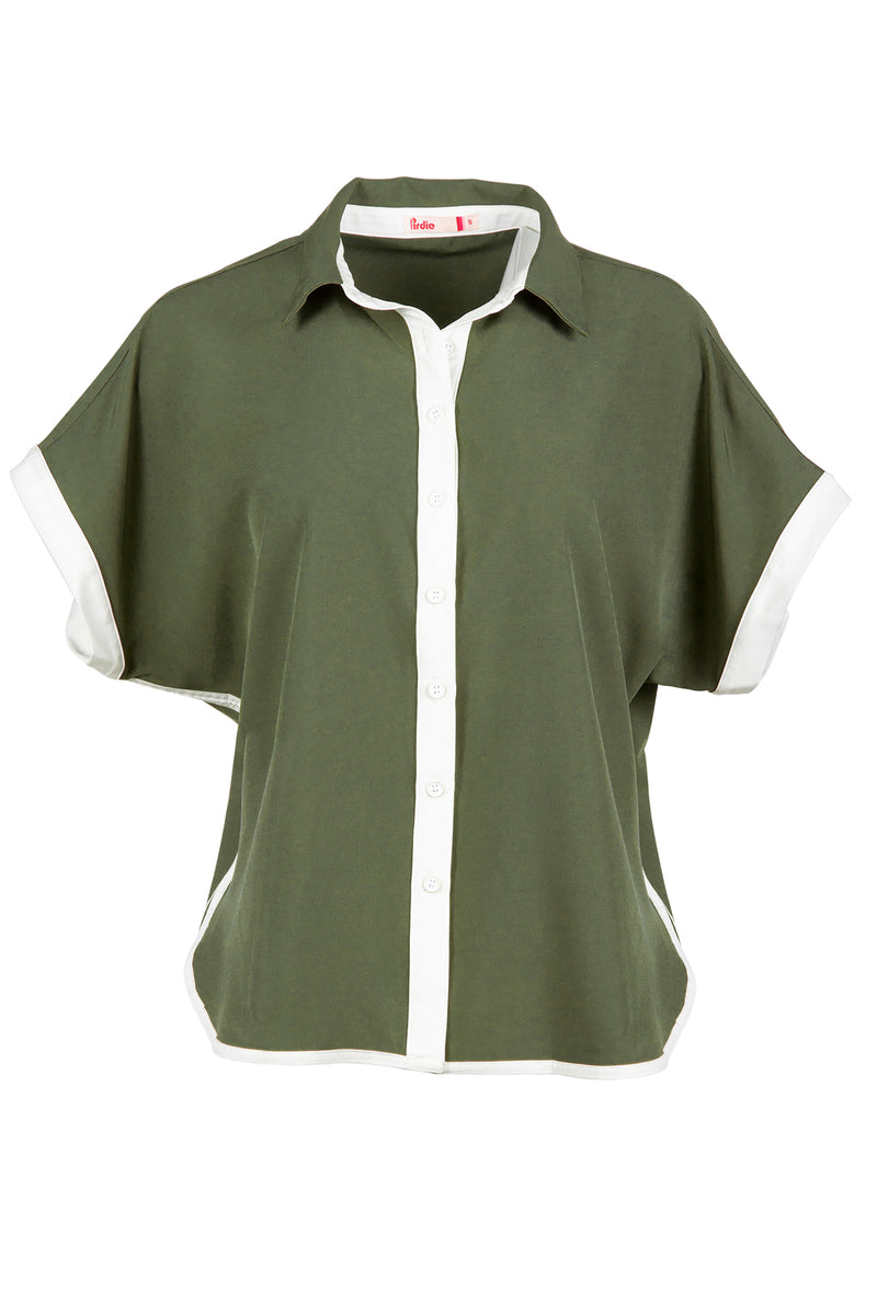 Load image into Gallery viewer, Olive Caddy Camp golf shirt in flat lay studio shot.
