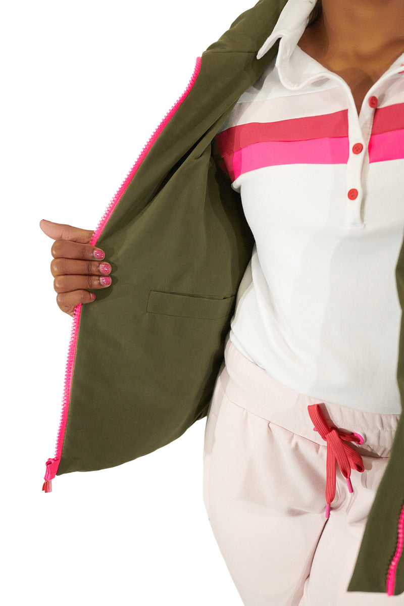 Load image into Gallery viewer, Model showing the inside of the Olive Green Twilight Women&#39;s golf Vest with Pink zipper
