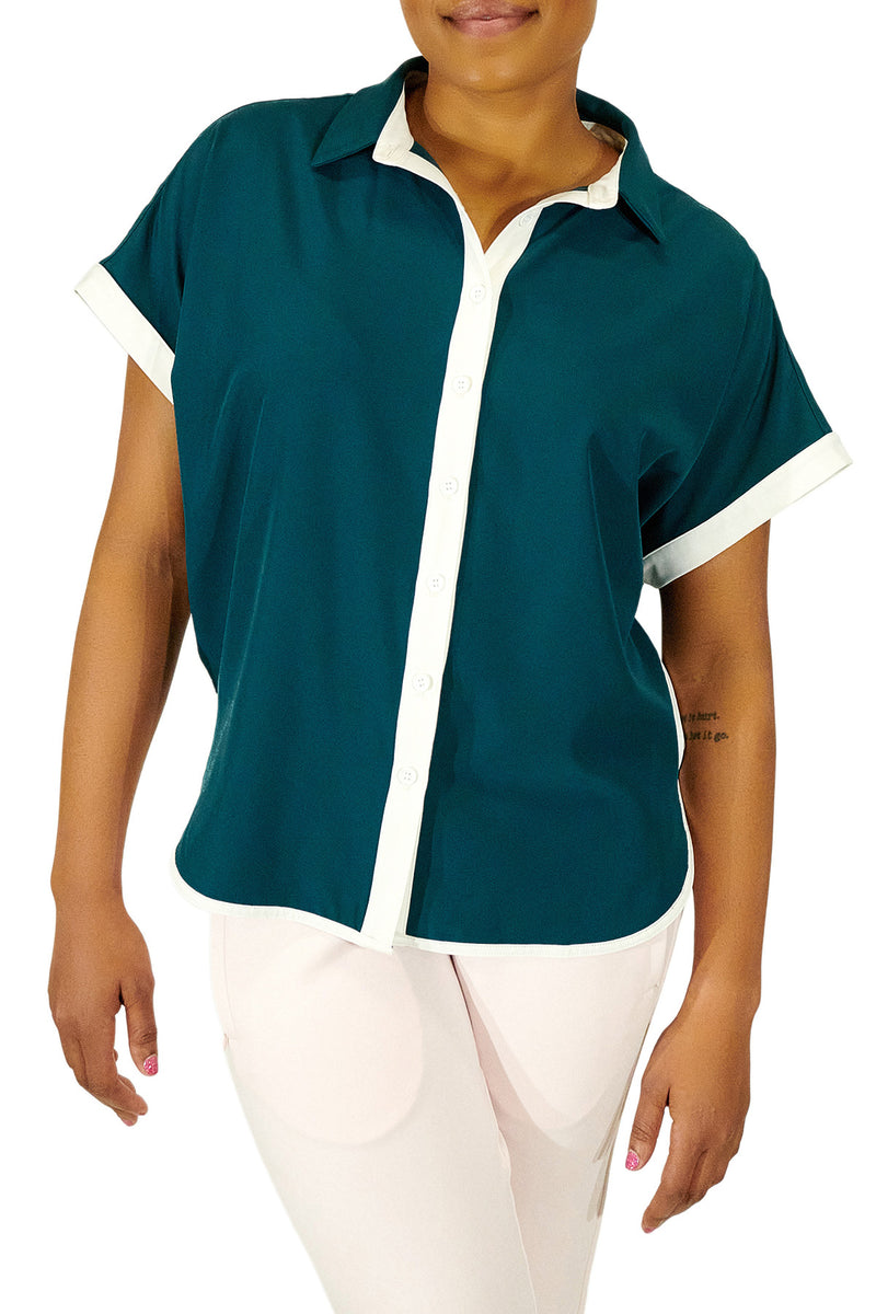Load image into Gallery viewer, Teal Caddy Camp golf shirt on a model.
