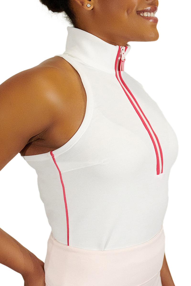 Load image into Gallery viewer, Model wearing White Back Nine womens golf sleeveless shirt with white zipper
